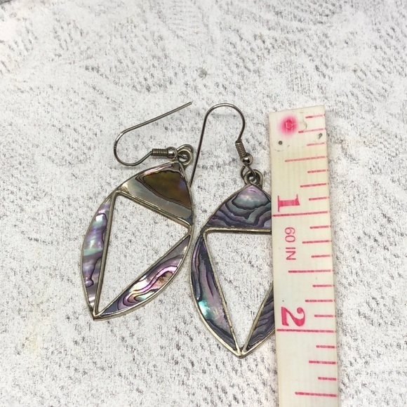 Vintage Alpaca Silver Mexico Abalone Inlay Earrings Dangle Drop Modernist Cutout - Picture 2 of 4